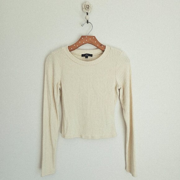 Lulus Ribbed Knit Crop Top Beige Long Sleeve Sweater Size S NWOT - Picture 2 of 7